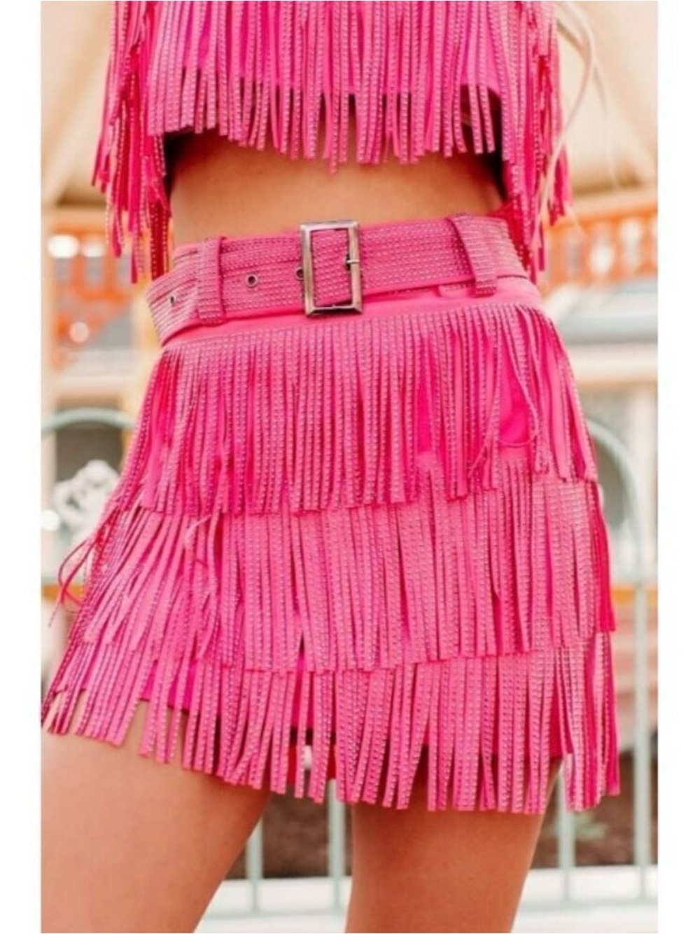 Nylon Apparel Pink rhinestone Fringe Skort Set Cropped Tank + Mini Skirt Small - Picture 6 of 14